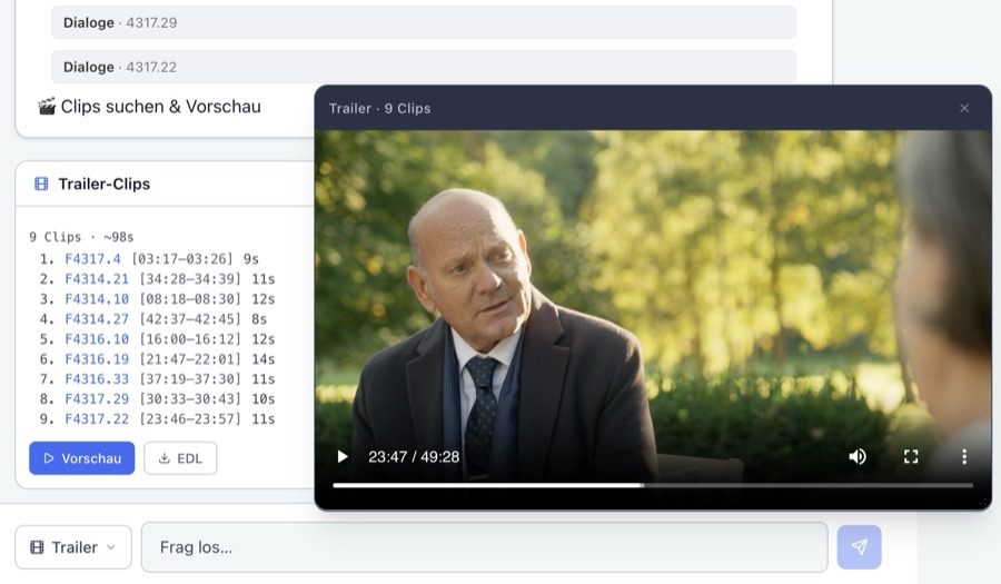 RECAP-Antwort: Teaser-Variante für 55+ mit Clipliste, Timecodes, Vorschau und EDL-Export